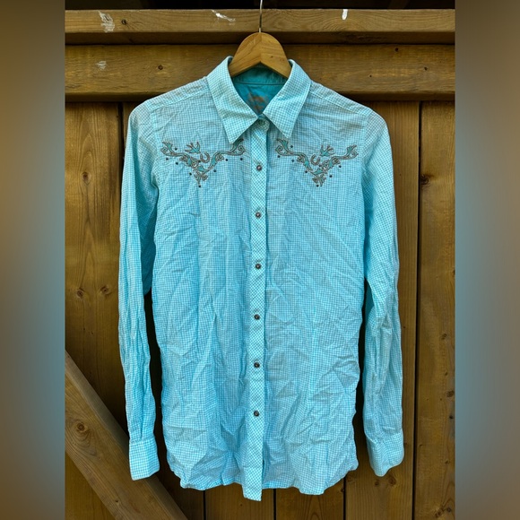 Vintage Western Shirt Cowgirl Southwestern Aqua Orange Country Top Festival - Picture 3 of 17